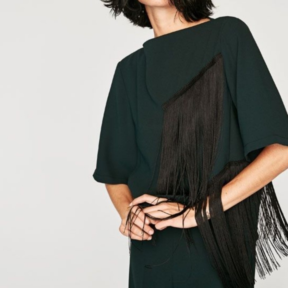 Zara Fringe Top XS Dark Green Boho Statement Blouse artsy Western NWT 💖